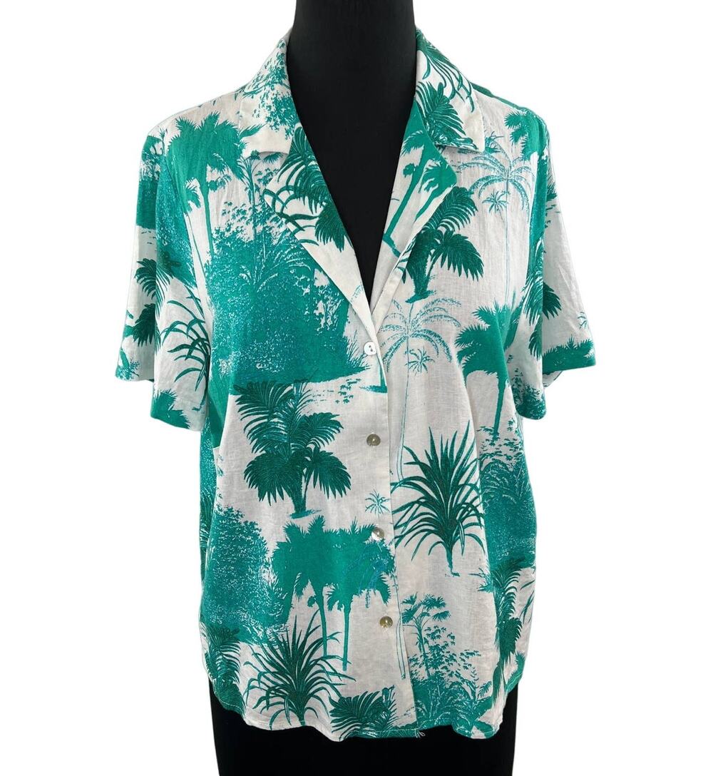 PANAMA JACK Green White Print Linen Blend Short Sleeve Button-Down Shirt Size XL
